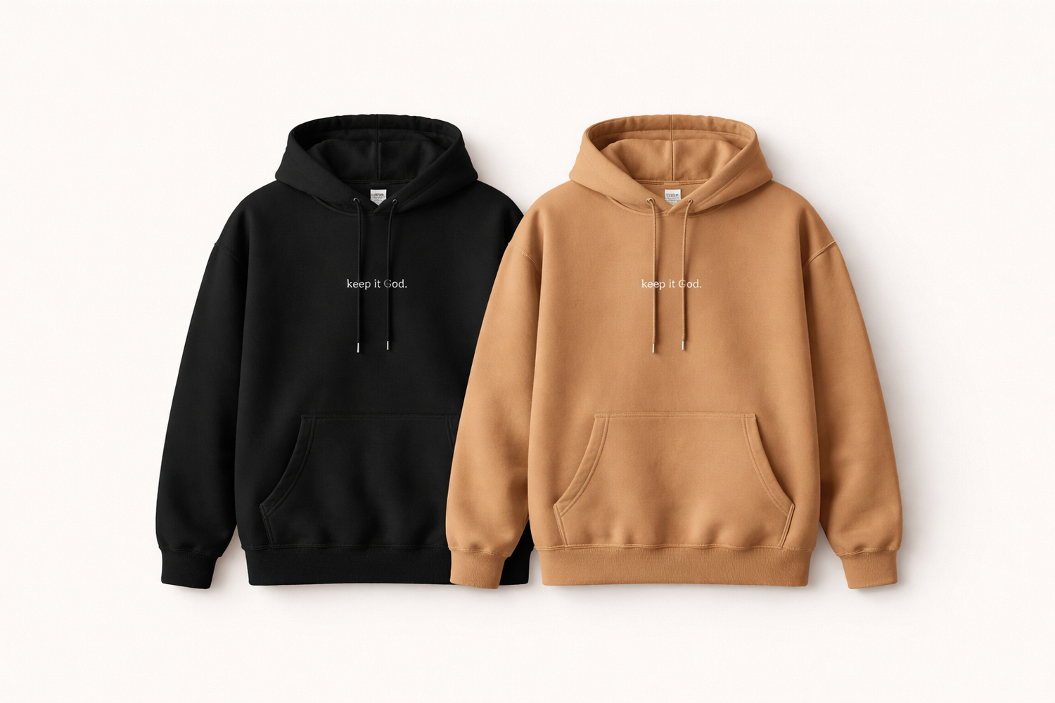 black and caramel keep it God hoodie collection displayed side by side on a clean neutral background